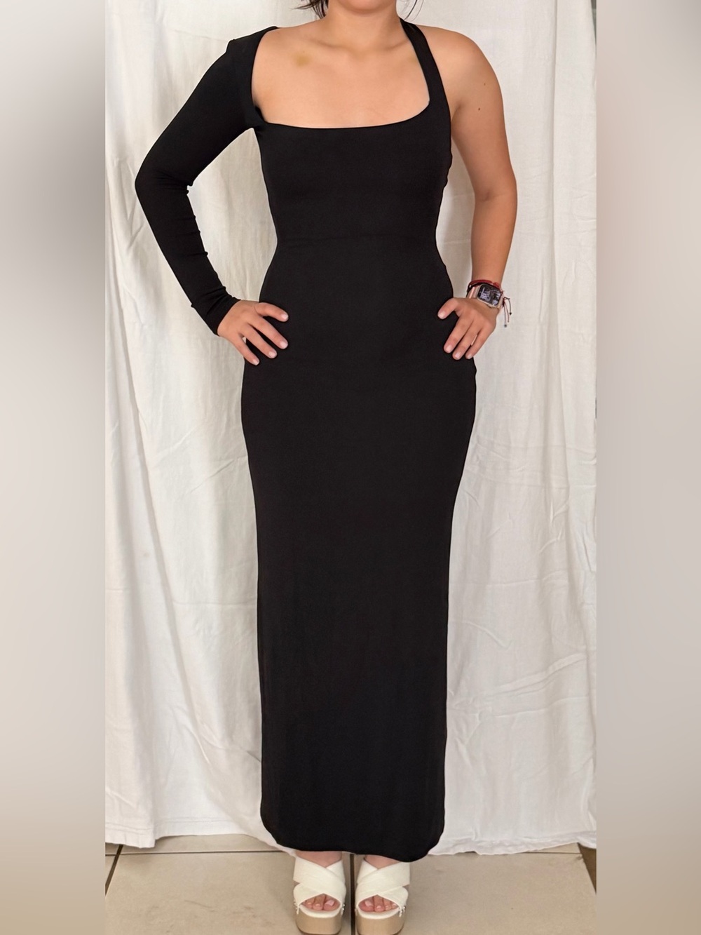 Zara Black Asymmetric One-Sleeve Maxi Dress